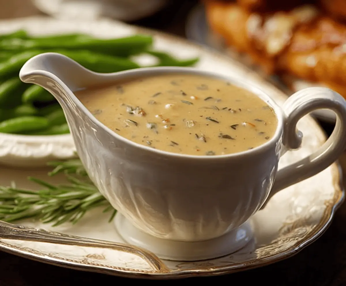 Creamy herbed turkey gravy served in a white gravy boat, garnished with fresh herbs, perfect for holiday dinners and roasted turkey meals.