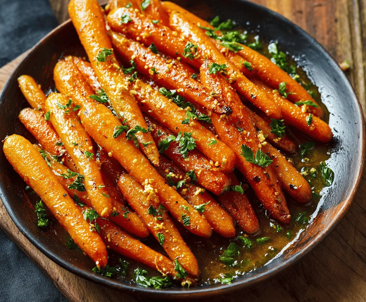 Delicious honey glazed carrots garnished with fresh herbs on a rustic wooden table.