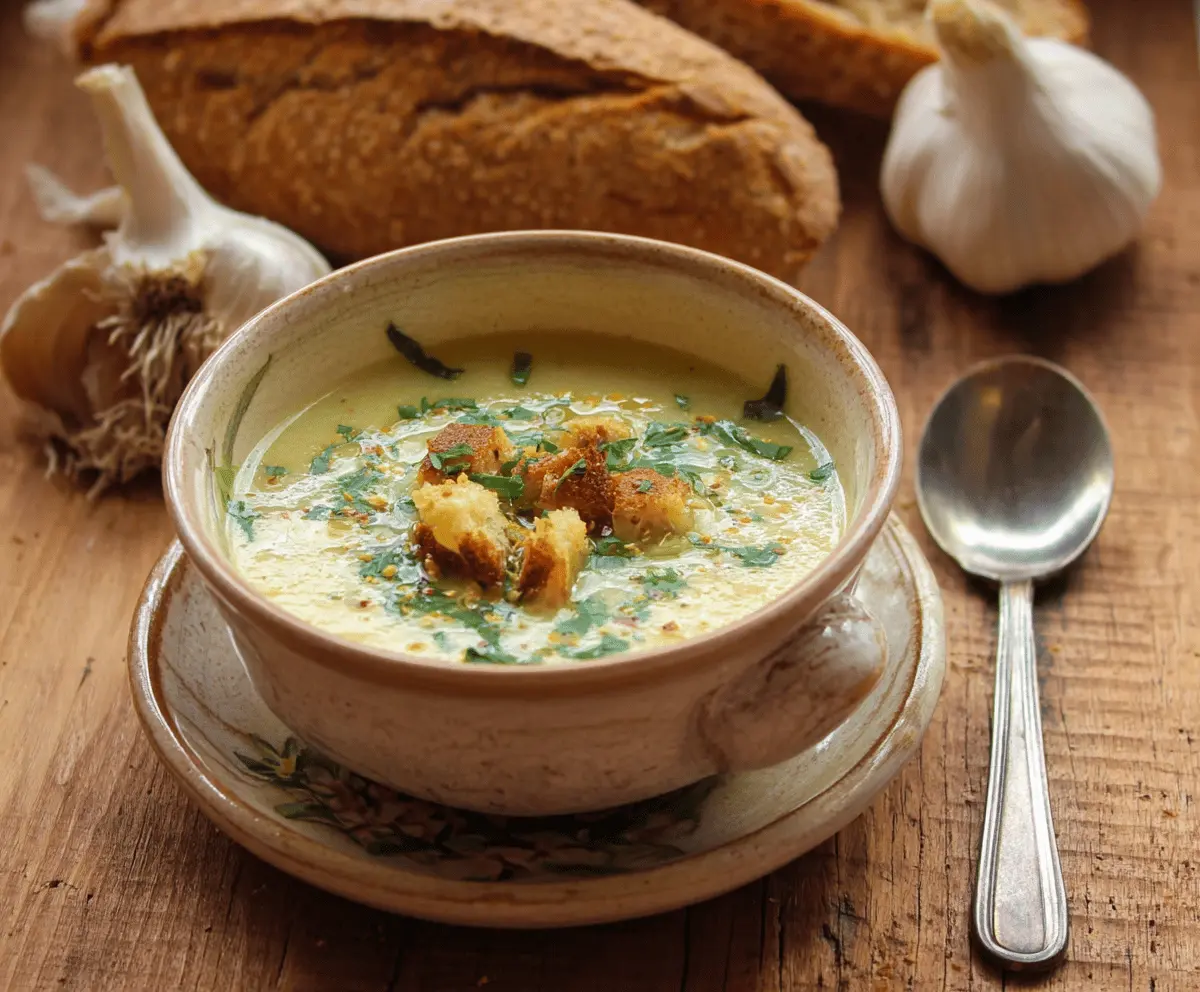 A bowl of Italian garlic soup garnished with fresh herbs and toasted bread, showcasing a flavorful and comforting garlic-based soup traditional to Italy.