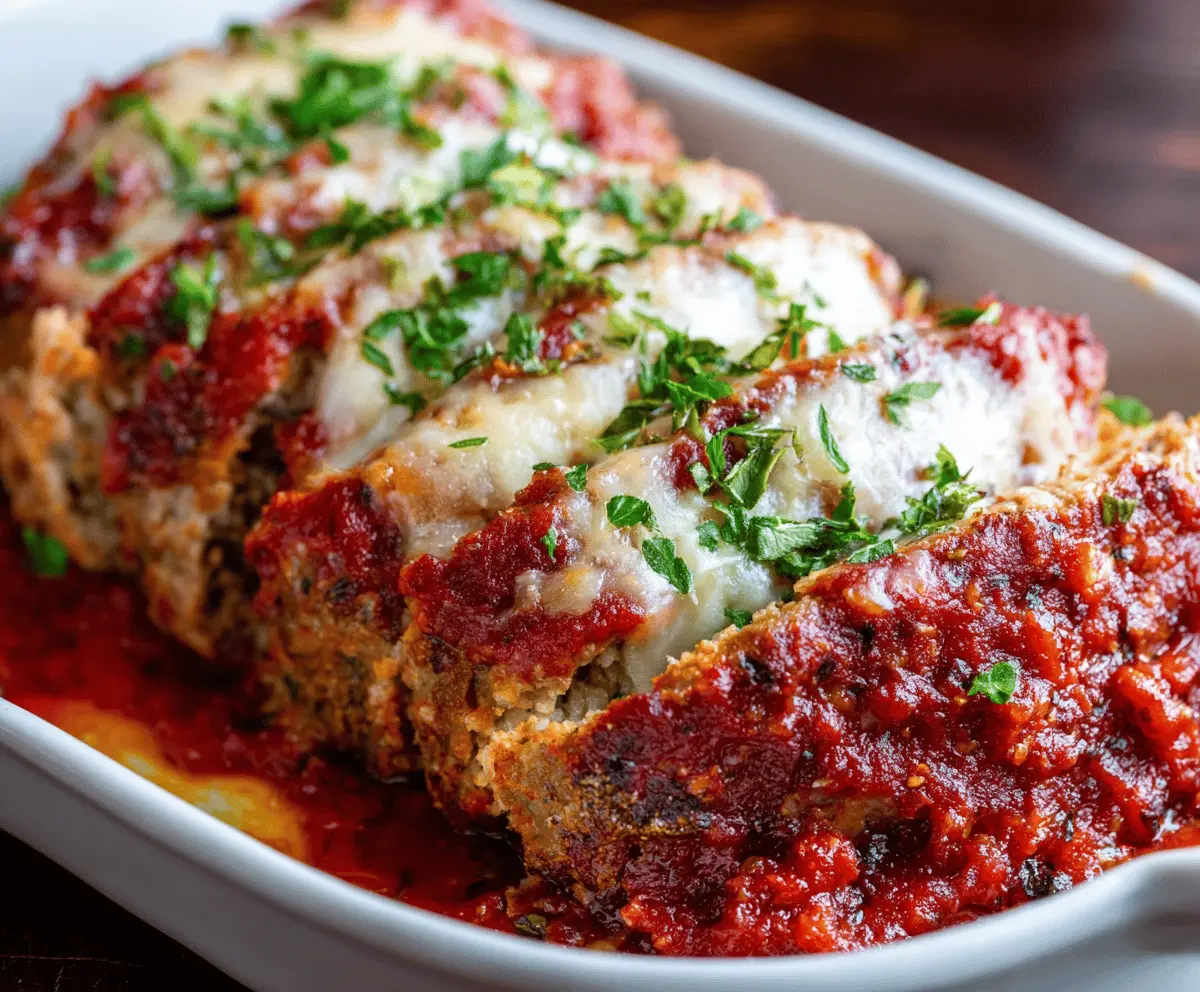 Juicy Italian meatloaf topped with melted cheese and fresh herbs served on a plate, ready to enjoy.