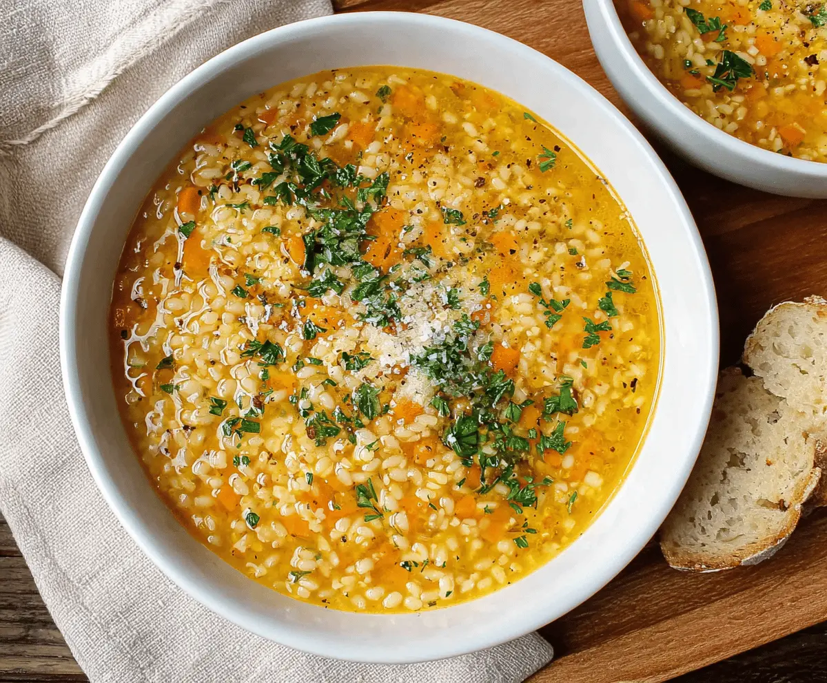 A steaming bowl of Italian Pastina Soup garnished with fresh herbs and grated Parmesan cheese, showcasing tiny pasta in a flavorful broth perfect for comfort eating.
