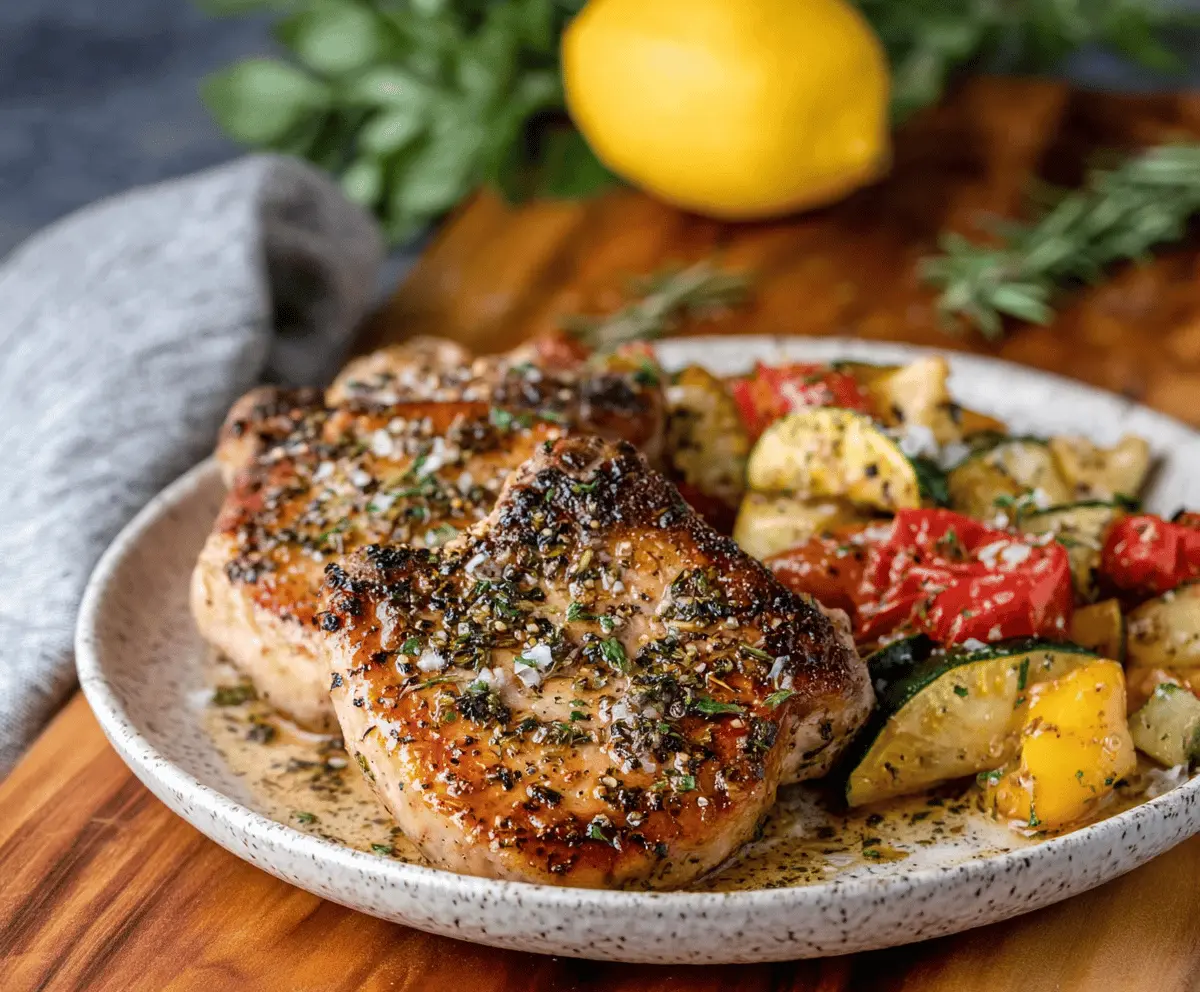 Juicy Italian pork chops served with herbs and garlic on a rustic plate, perfect for a flavorful dinner