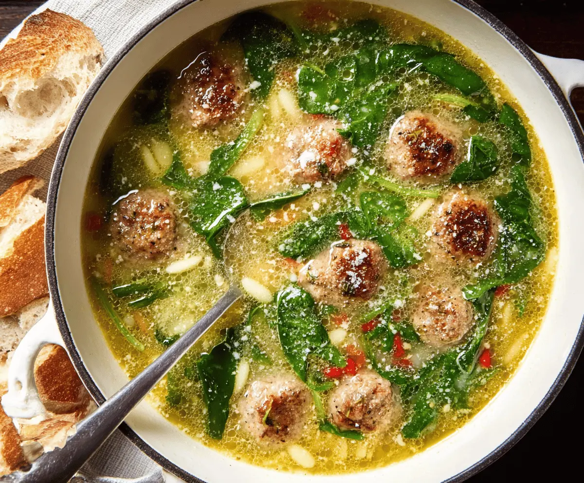 A bowl of Italian Wedding Soup featuring meatballs, spinach, and orzo pasta in a flavorful broth, garnished with grated Parmesan cheese.