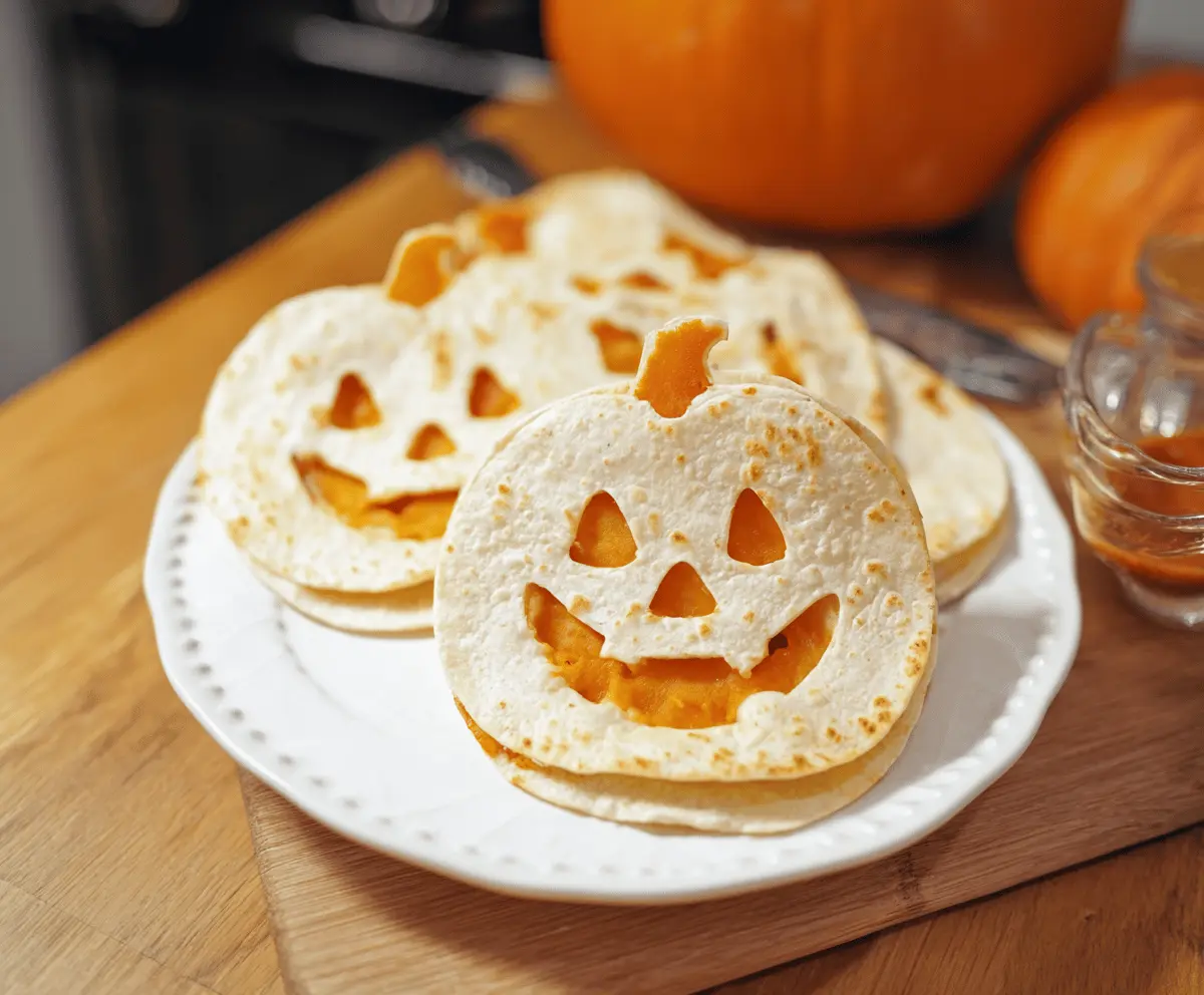 Fun and festive Jack o Lantern quesadillas with melted cheese and vegetable decorations, perfect for Halloween party snacks.