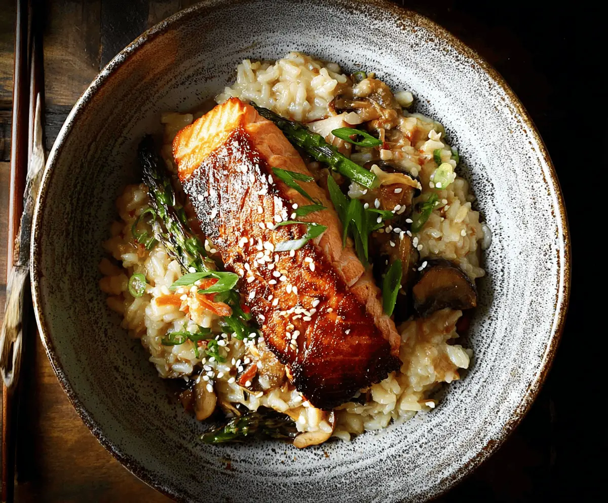 Creamy Japanese-style risotto topped with perfectly seared salmon and garnished with green onions, served on a white plate.
