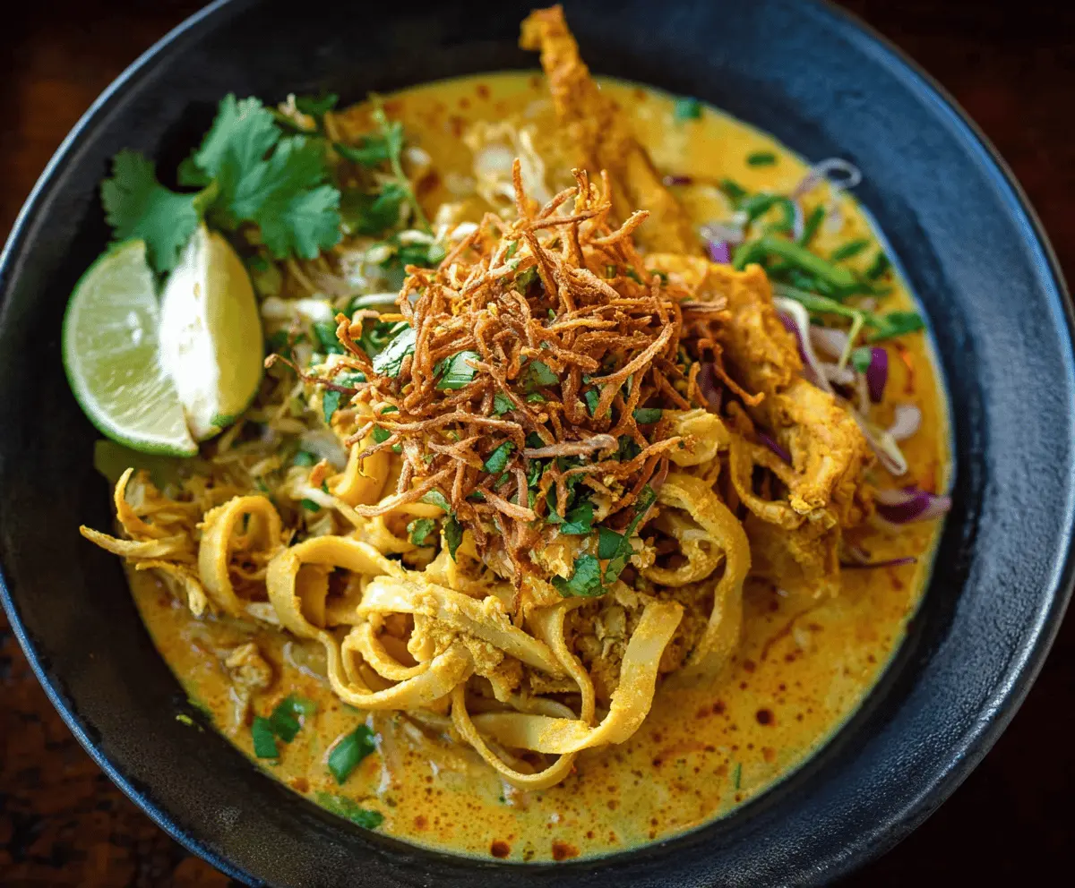 Delicious bowl of Khao Soi with creamy coconut curry, crispy noodles, and fresh herbs, served in a traditional Thai bowl