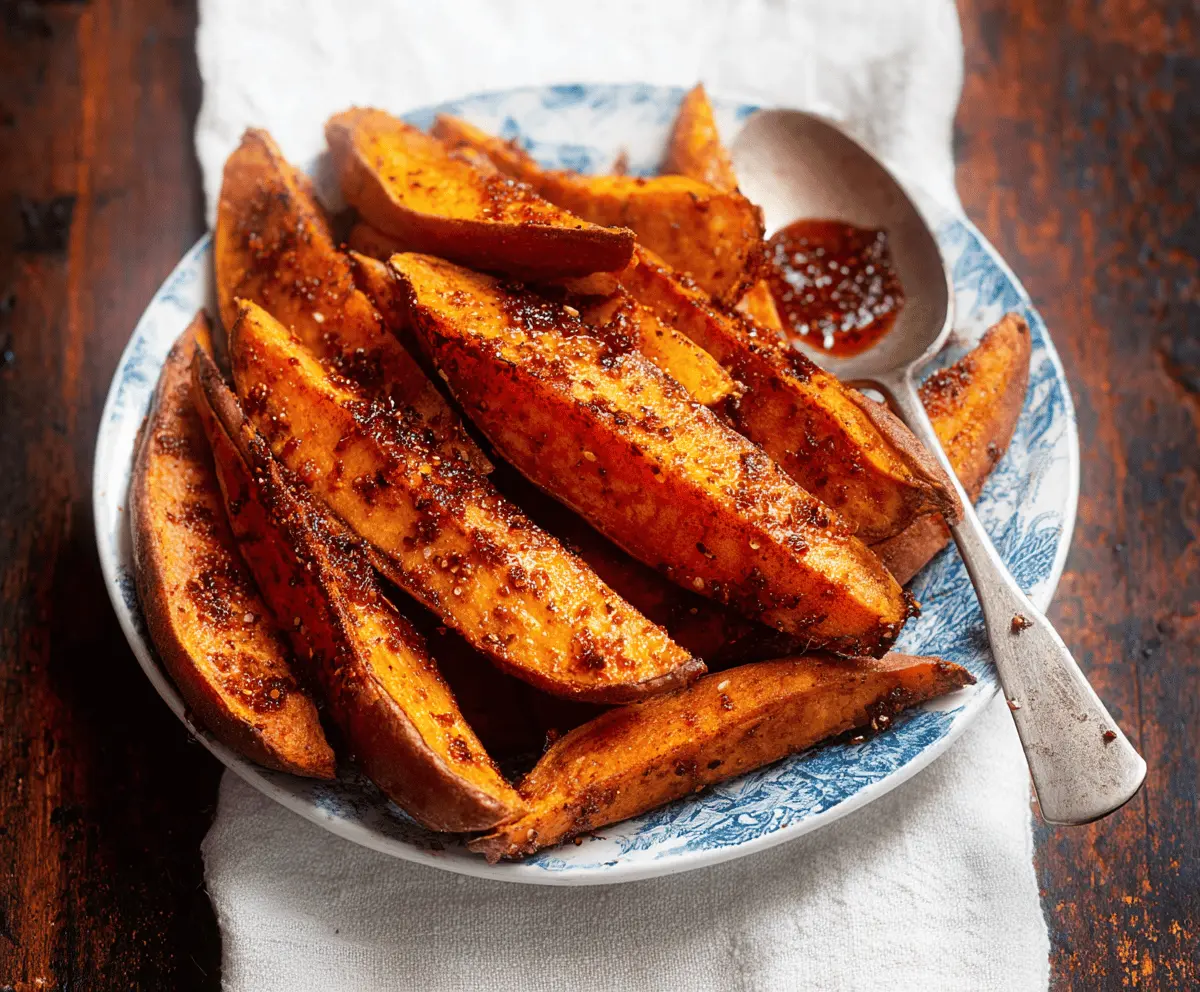 Golden baked maple chili sweet potato wedges served on a plate with a sprinkle of fresh herbs, perfect for a flavorful and healthy snack or side dish.