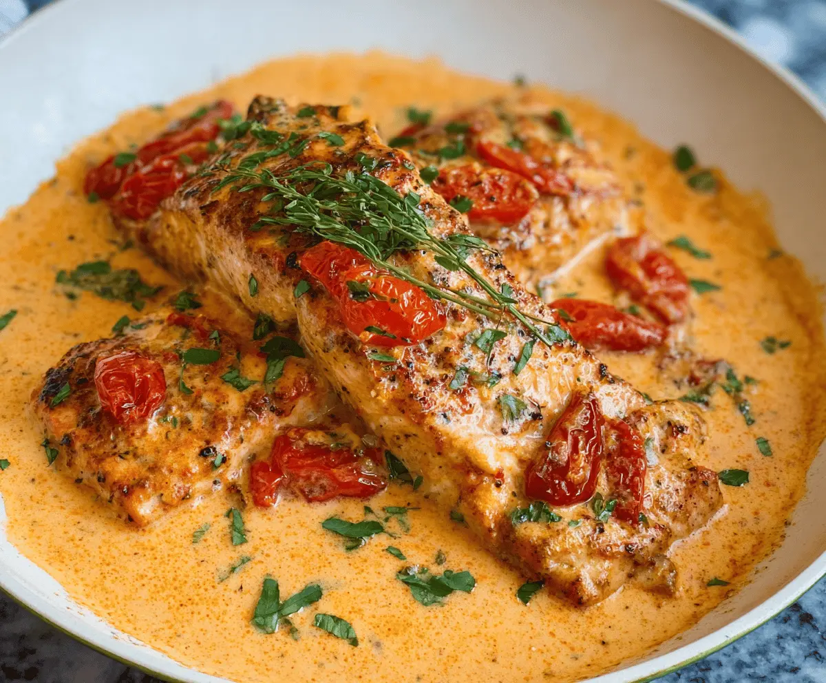 Creamy Marry Me Salmon topped with flavorful tomato and herb sauce served on a plate, showcasing a delicious seafood dish