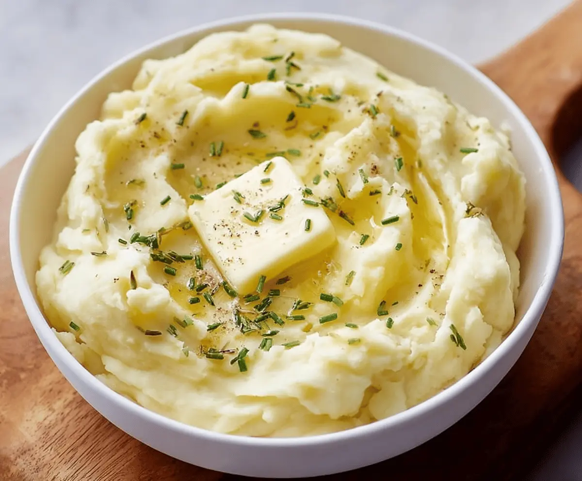 Creamy homemade mashed potatoes topped with a pat of butter and fresh herbs, served in a rustic bowl.