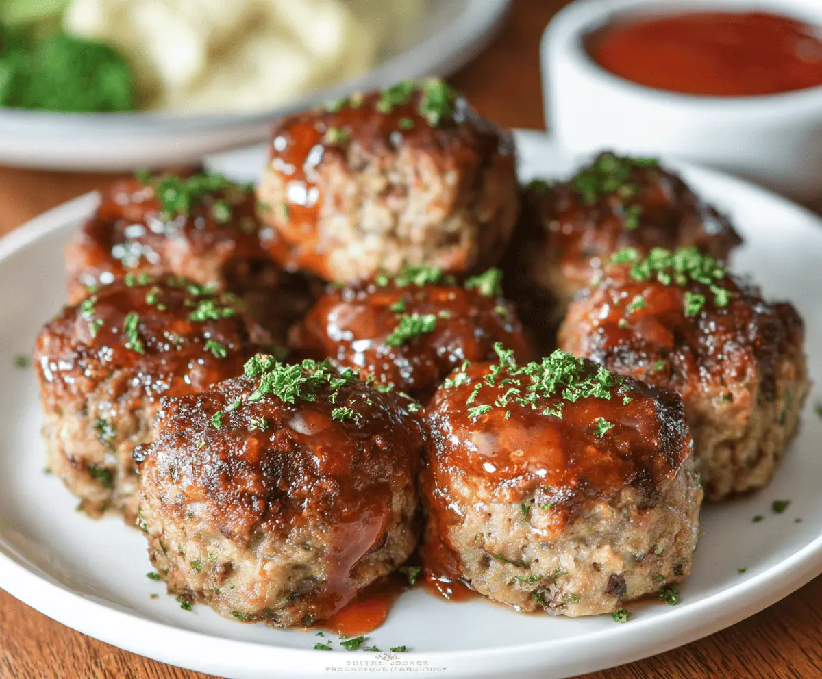 Delicious Meatloaf Bites served on a white plate, garnished with fresh herbs, perfect for appetizer or snack