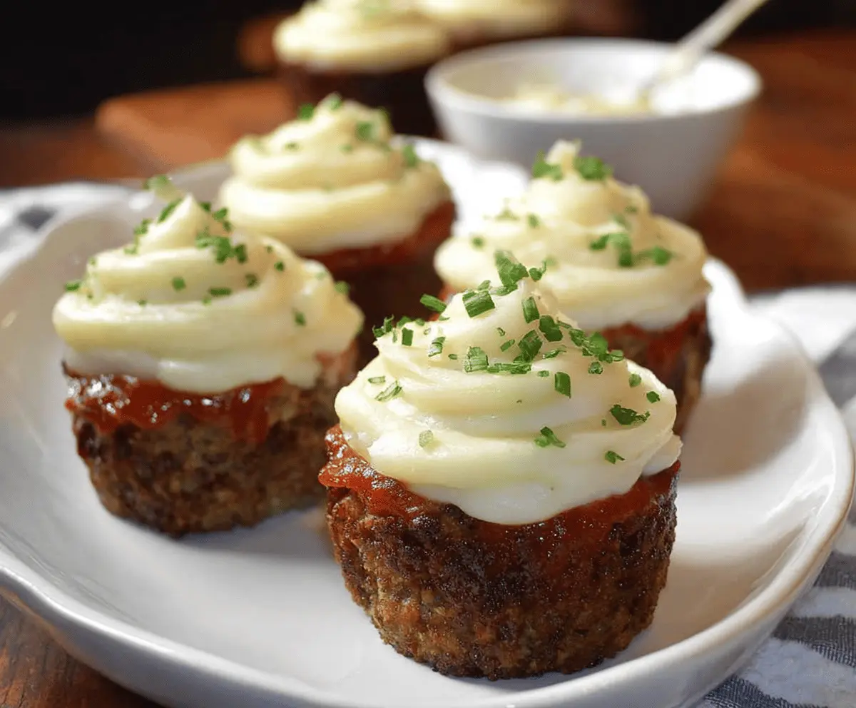Delicious meatloaf cupcakes topped with creamy mashed potato frosting, served on a white plate for a hearty comfort food meal