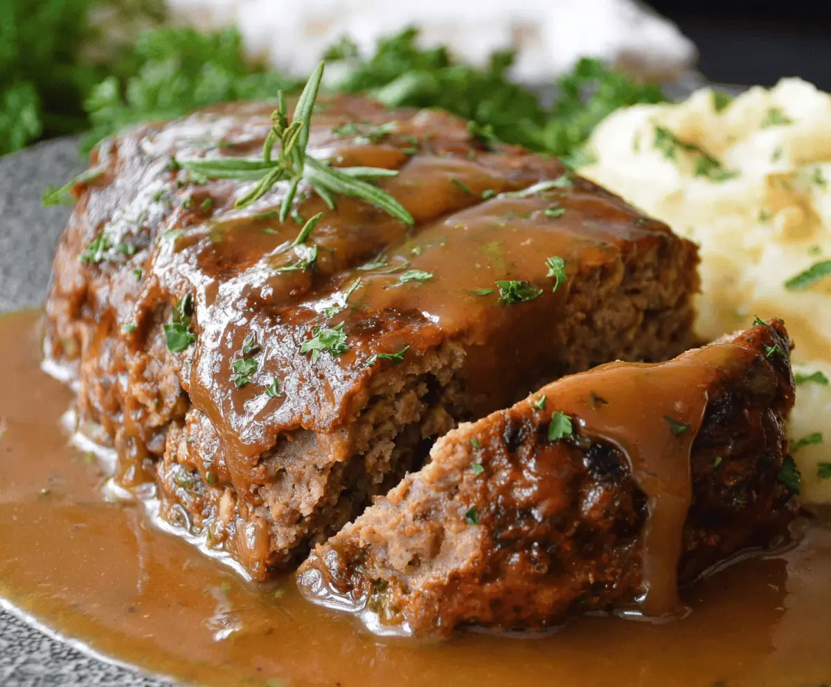 Delicious homemade meatloaf topped with rich brown gravy served on a plate with mashed potatoes and vegetables