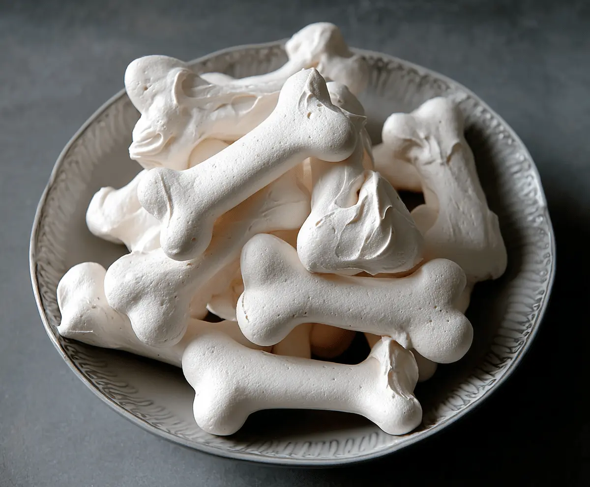 Delicious Meringue Bone Cookies arranged on a platter, perfect for Halloween treats or festive baking