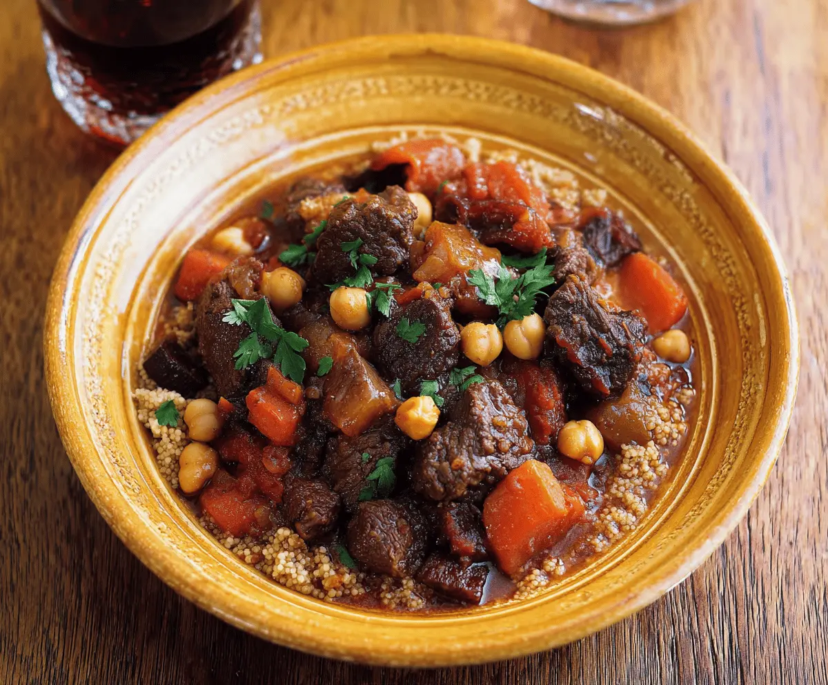 Hearty Moroccan Beef Stew with tender beef, vegetables, and aromatic spices served in a rustic bowl.