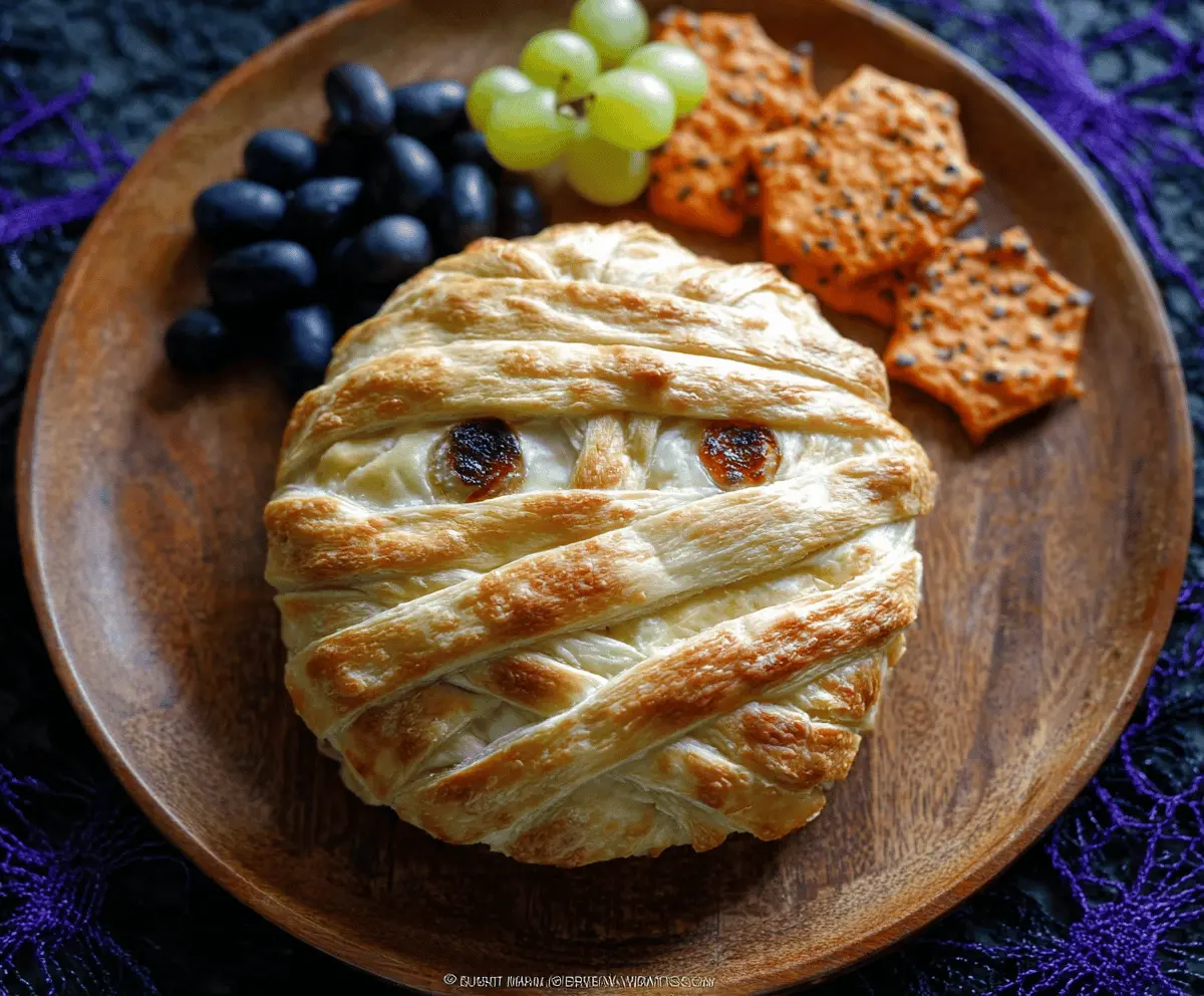 Delicious Mummy Baked Brie appetizer with puff pastry wrapped to resemble a spooky mummy, perfect for Halloween parties.