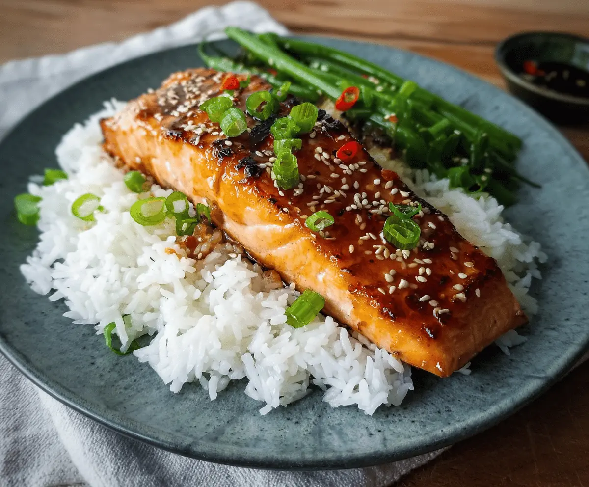 Juicy orange glazed teriyaki salmon fillet garnished with fresh herbs on a white plate, served with steamed vegetables