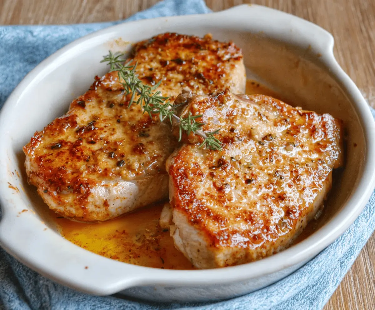 Juicy oven-baked pork chops with golden-brown crust served on a plate, ready to enjoy with side dishes.