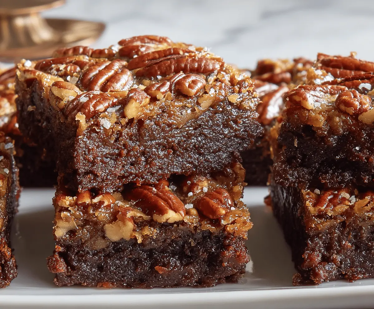 Delicious Pecan Pie Brownies with a fudgy chocolate base topped with caramelized pecans and a glossy pecan pie filling