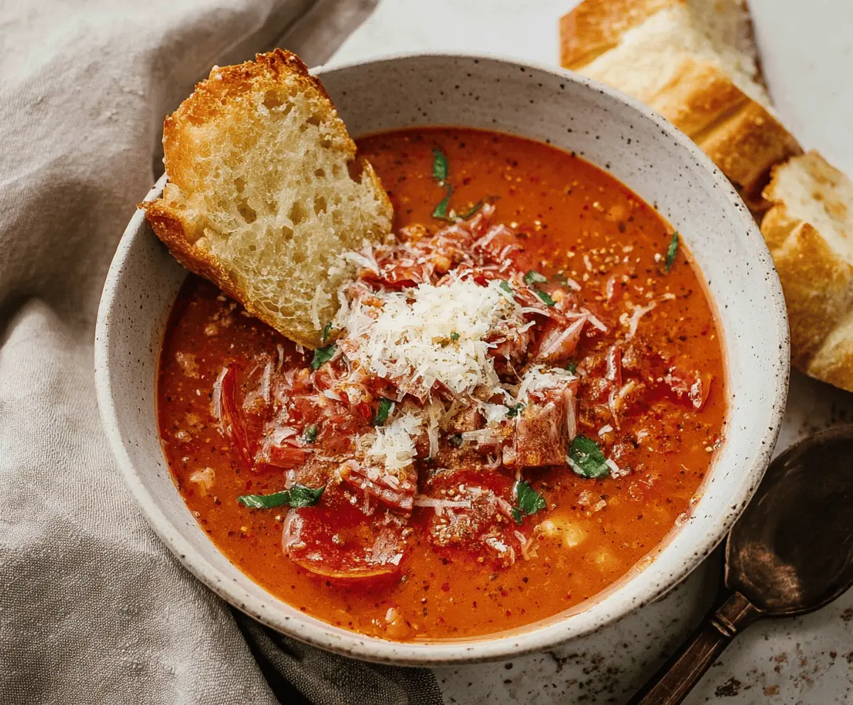 Delicious pepperoni pizza soup served in a bowl with melted cheese, pepperoni slices, and fresh herbs, perfect for a comforting meal.