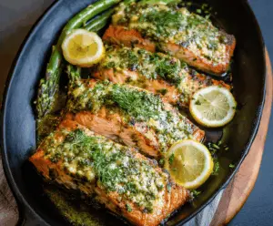 Creamy pesto butter salmon fillet garnished with fresh herbs on a white plate, ready to serve.