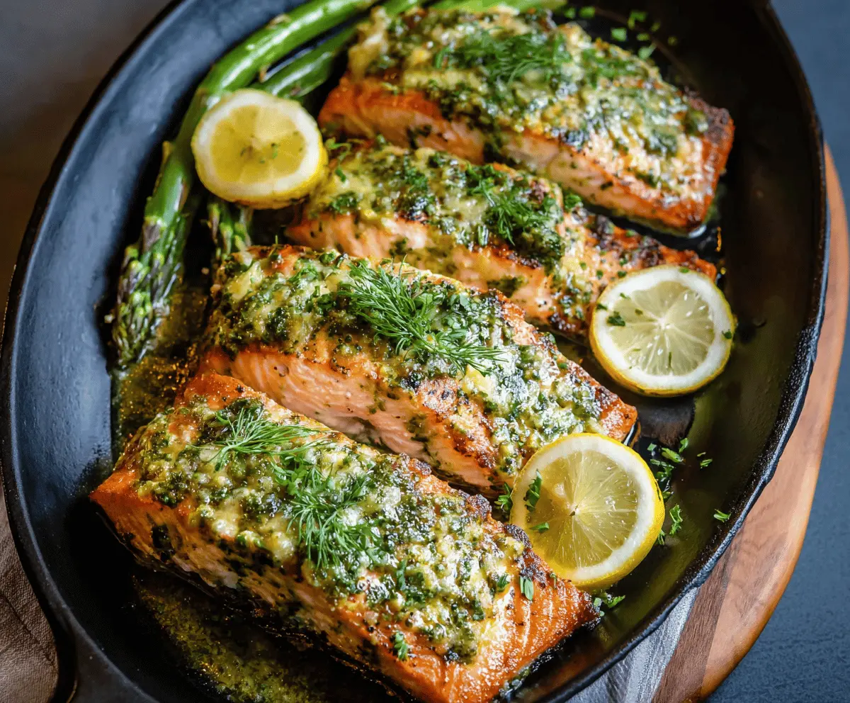 Creamy pesto butter salmon fillet garnished with fresh herbs on a white plate, ready to serve.