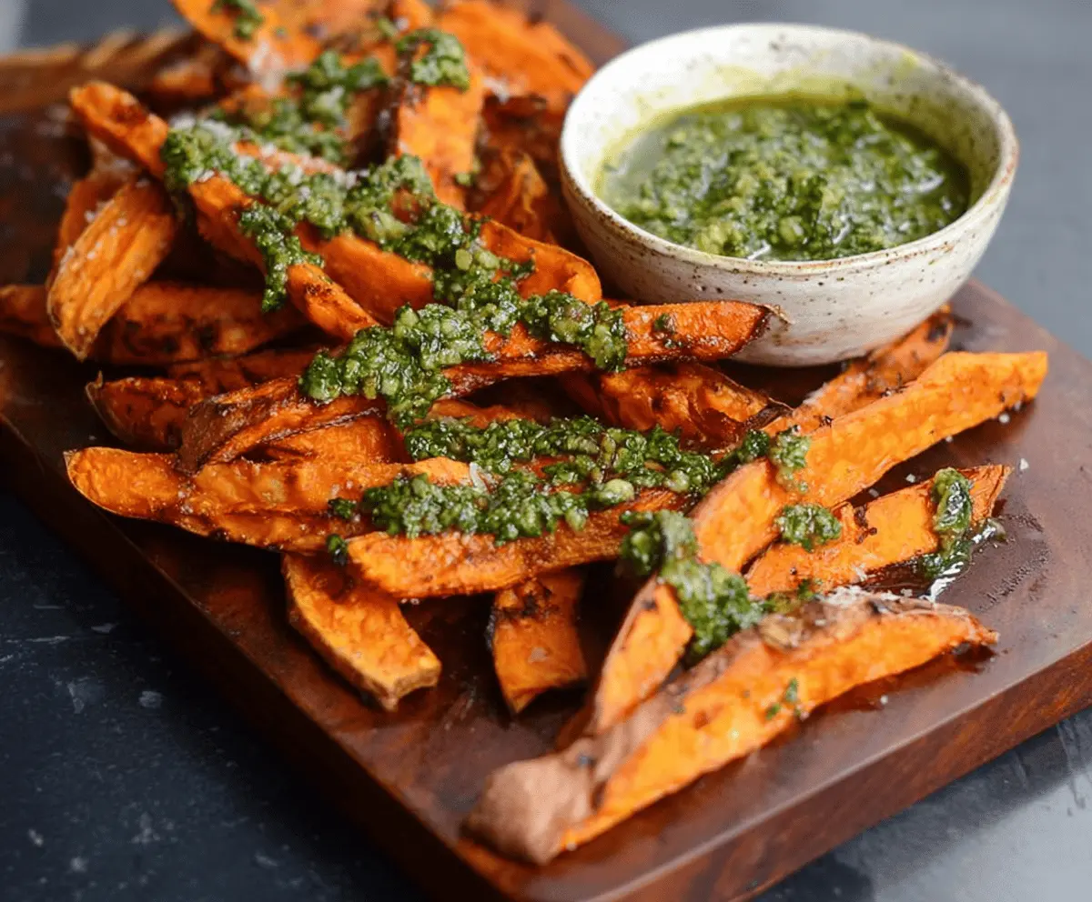 Crispy pesto sweet potato fries served with fresh herbs on a white plate, showcasing vibrant orange fries coated in green pesto sauce.