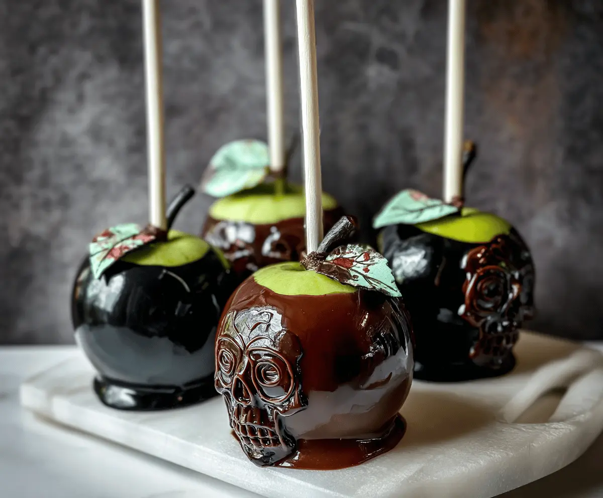 Delicious Poison Apple Caramel Apples decorated with dark chocolate and edible glitter, perfect for Halloween treats.