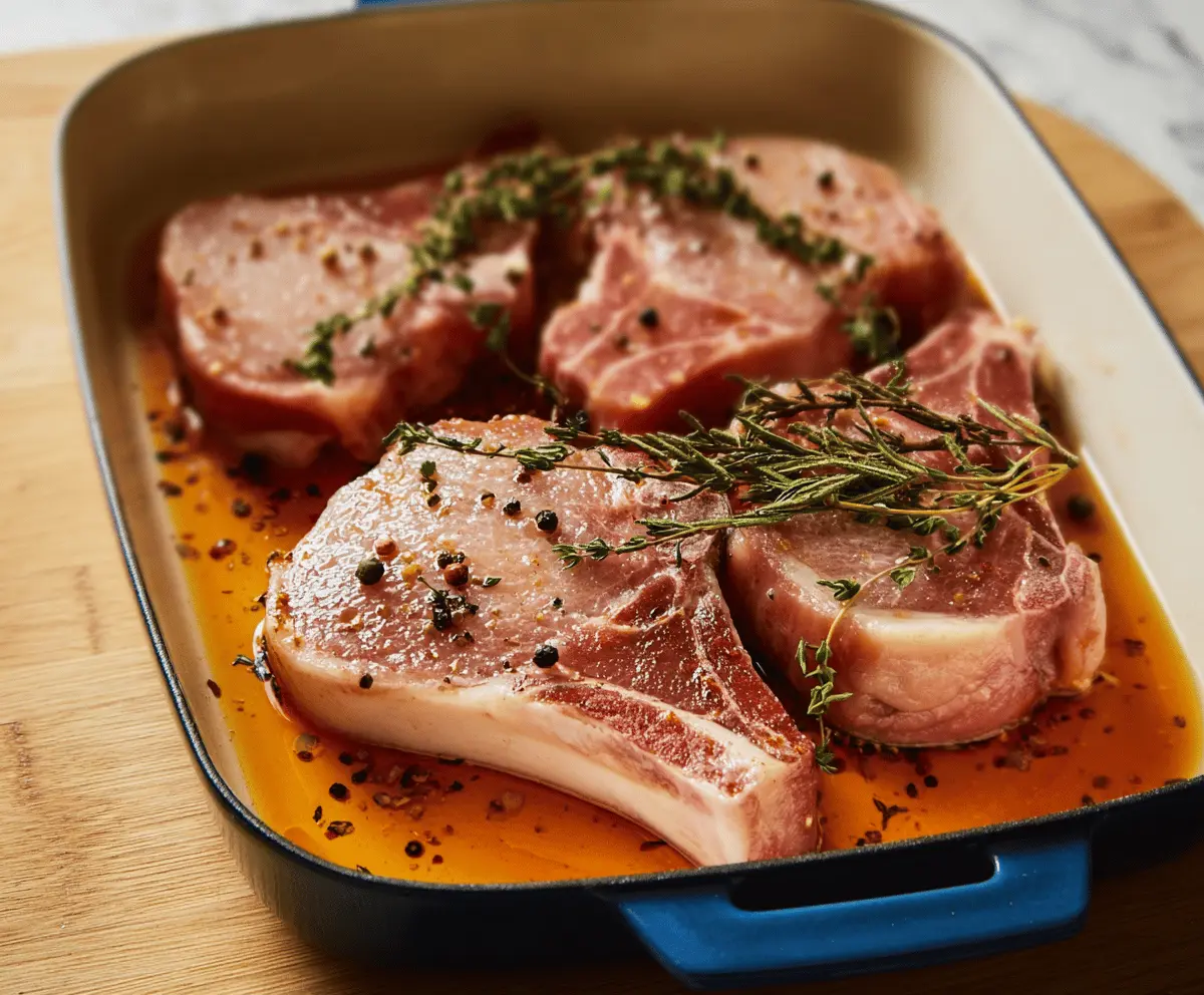 Juicy pork chop brine in a glass bowl with spices and herbs for tenderizing and flavoring