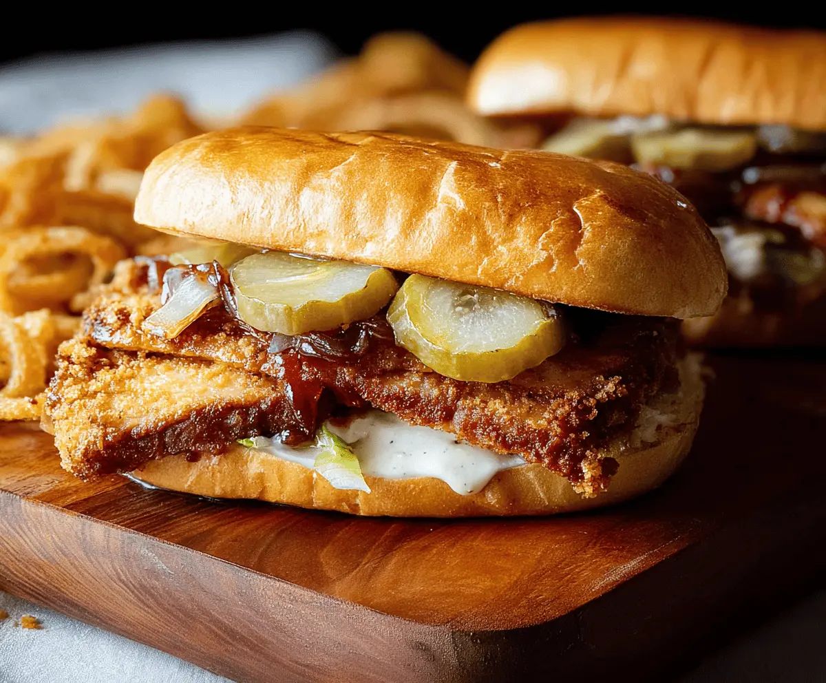 Delicious pork chop sandwiches with crispy breaded pork, fresh lettuce, tomato, and sauce on toasted buns ready to serve.
