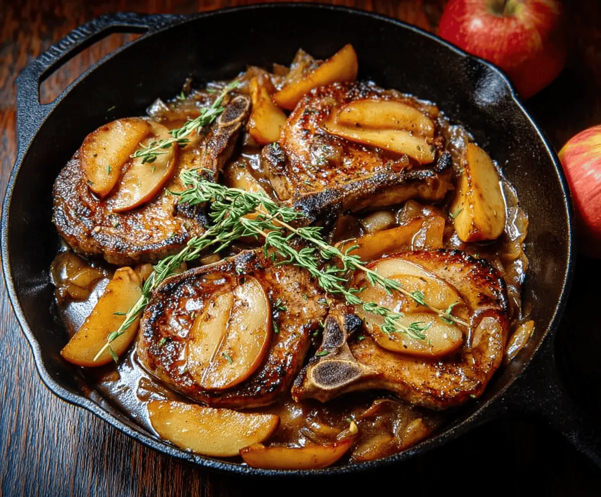 Juicy pork chops cooked with apple cider sauce served on a plate garnished with fresh herbs.