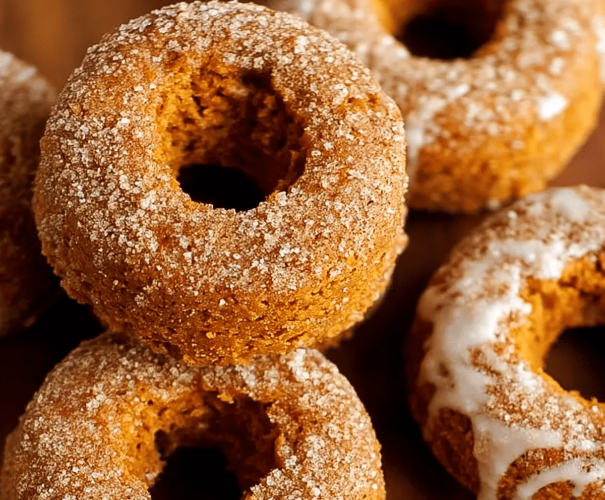 Freshly baked pumpkin donuts topped with cinnamon and powdered sugar, perfect for fall treats