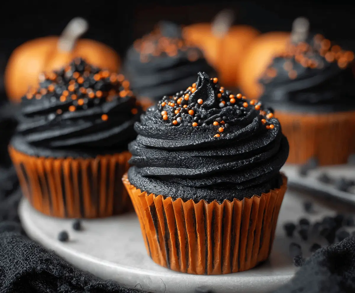 Delicious Pumpkin Black Velvet Cupcakes topped with cream cheese frosting and festive sprinkles on a white plate