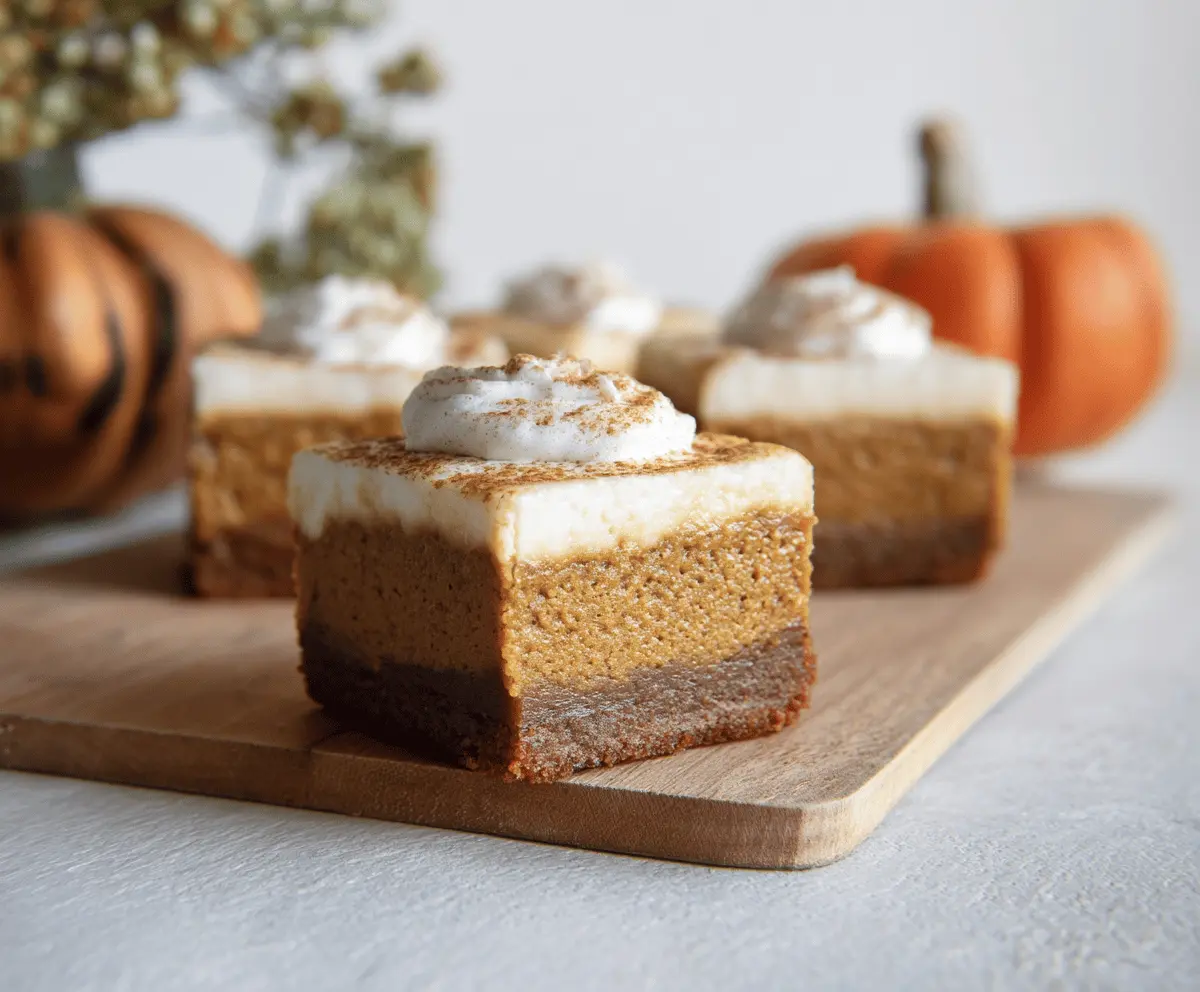 Delicious pumpkin blondie cheesecake bars with a creamy topping and a spiced pumpkin flavor on a rustic wooden table