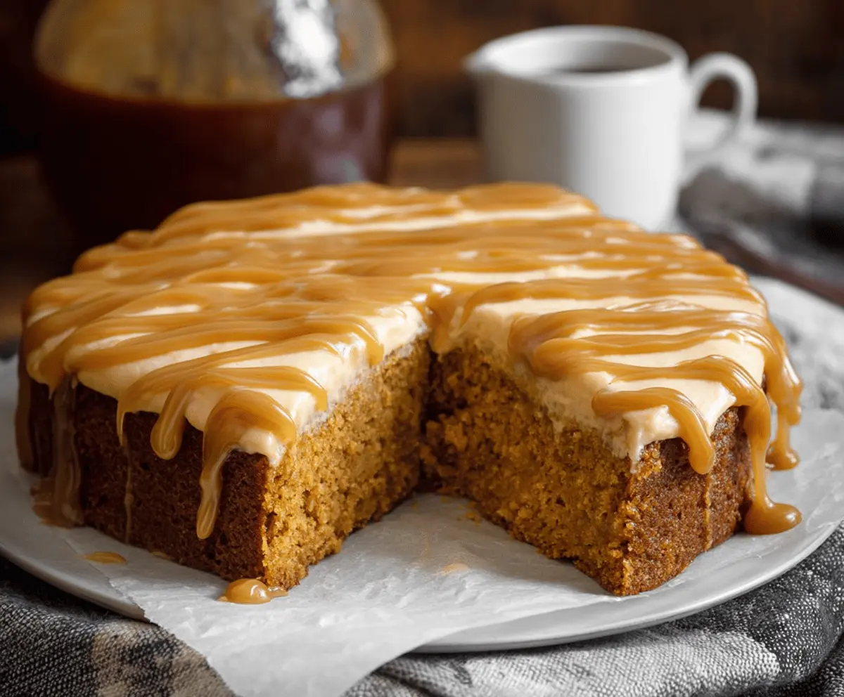 Delicious homemade pumpkin cake topped with rich caramel cream cheese frosting, perfect for fall celebrations.