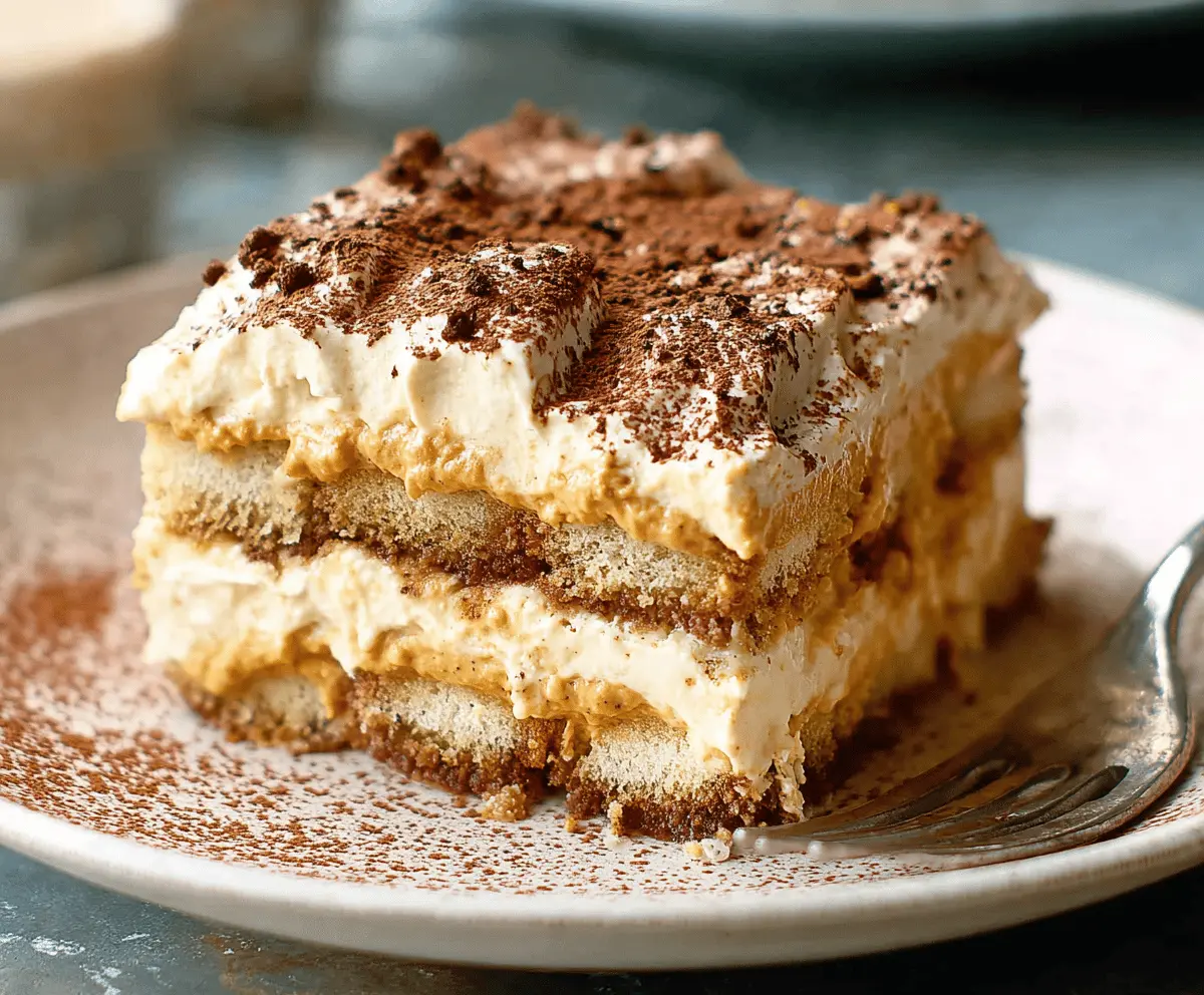 Delicious Pumpkin Chai Tiramisu dessert topped with whipped cream and pumpkin spice, perfect for fall-inspired treats.