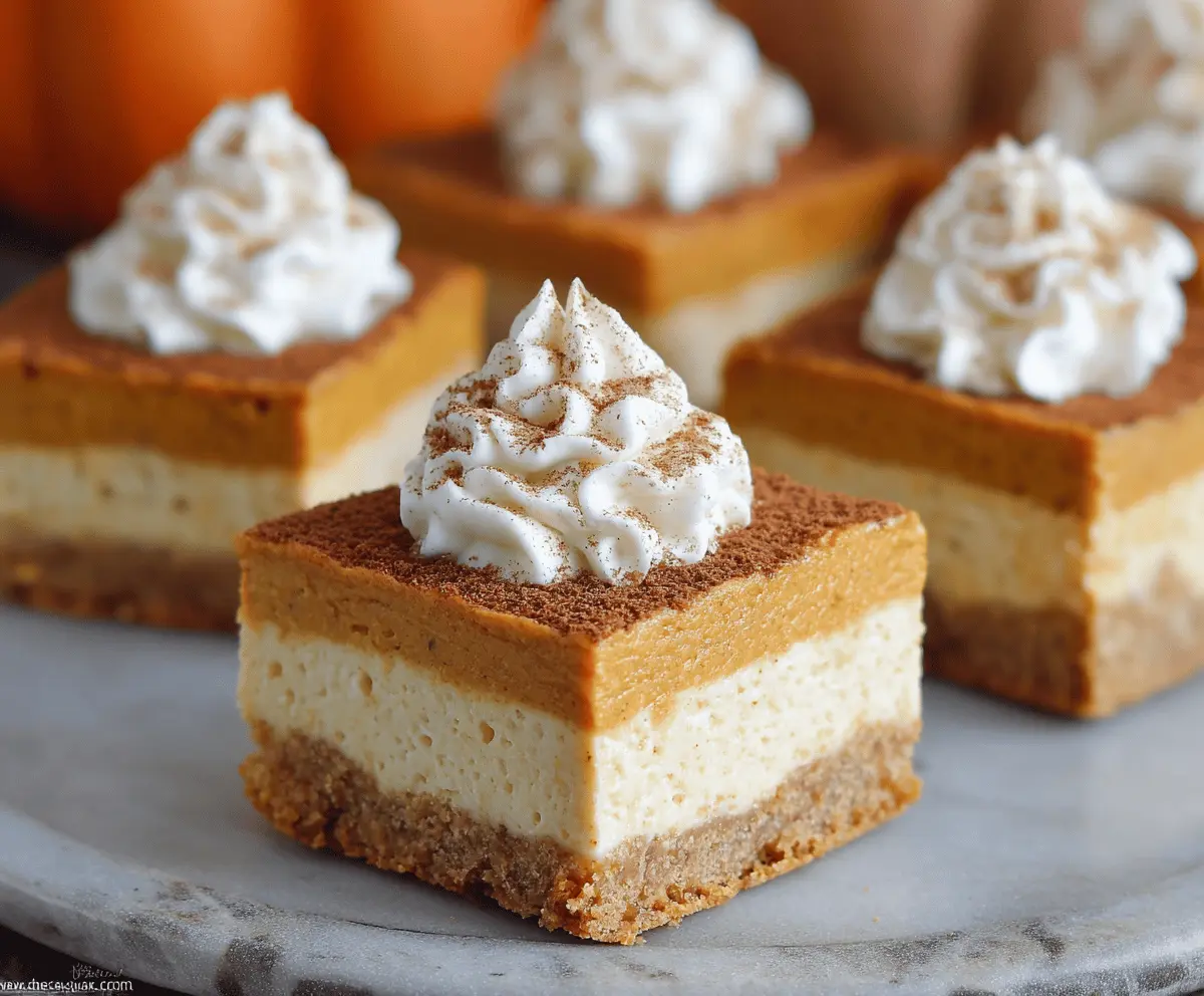 Creamy pumpkin cheesecake bars topped with whipped cream and cinnamon, perfect for fall desserts.