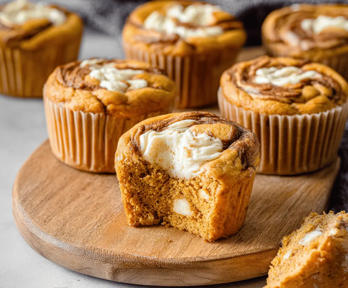Creamy pumpkin cheesecake muffins with a smooth cream cheese filling, topped with a sprinkle of cinnamon and a pumpkin seed garnish, perfect for fall desserts.