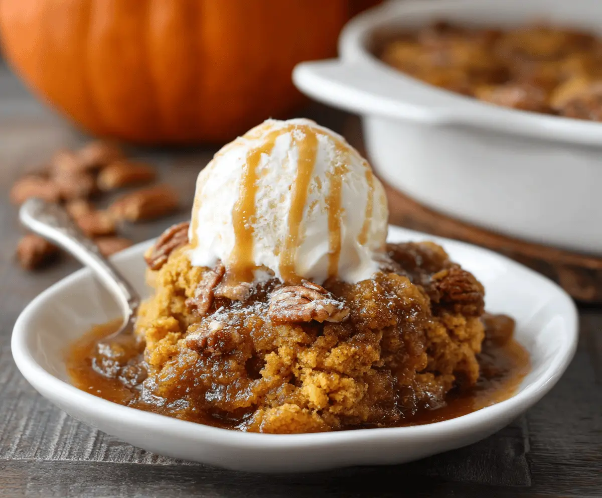 Delicious homemade pumpkin cobbler topped with golden crust, served in a rustic bowl, perfect for fall desserts.