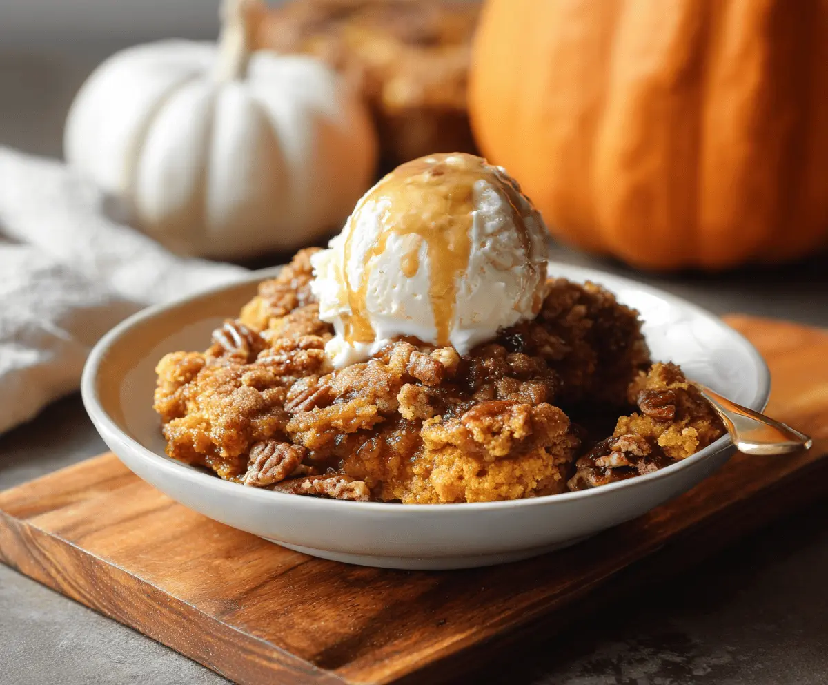 Delicious homemade pumpkin cobbler topped with golden brown crust and whipped cream, perfect for fall desserts.