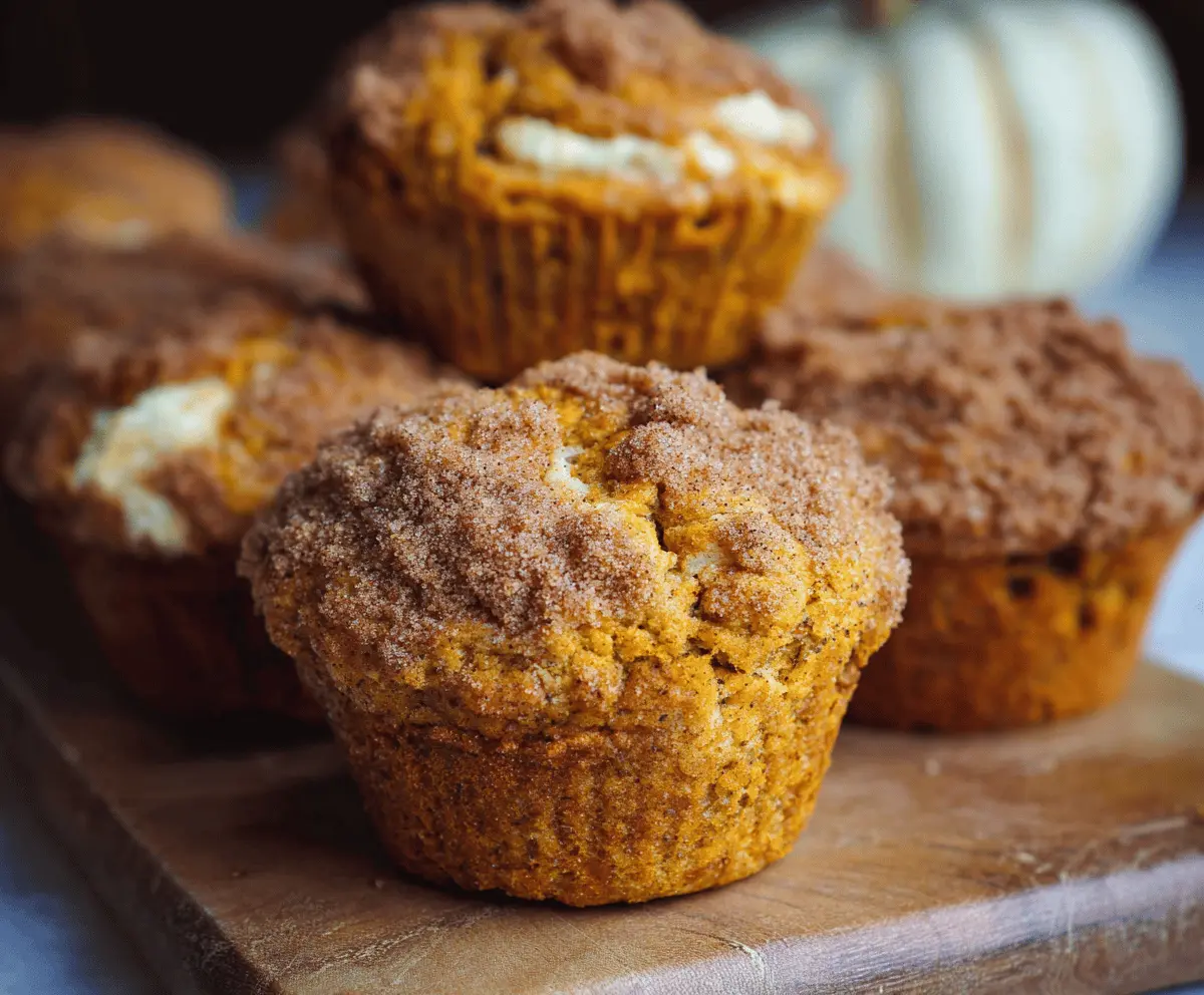Delicious pumpkin cream cheese filled muffins with cinnamon topping on a baking tray, perfect for fall desserts