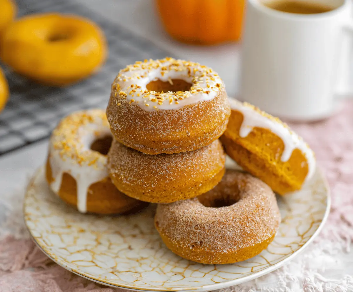 Delicious freshly glazed pumpkin donuts on a rustic wooden table, perfect for fall treats and holiday gatherings.