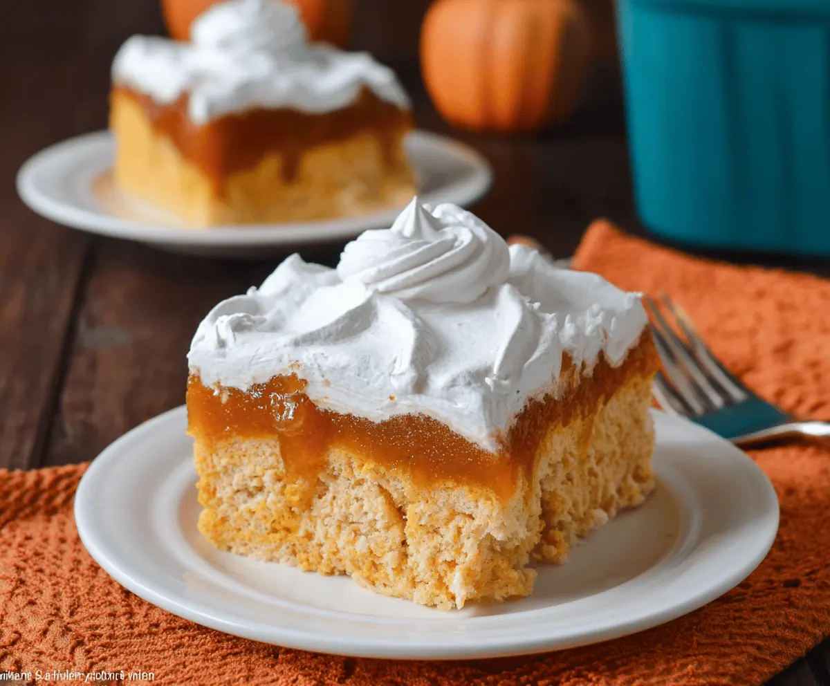 Delicious Pumpkin Jello Poke Cake topped with whipped cream and cinnamon, perfect for fall dessert