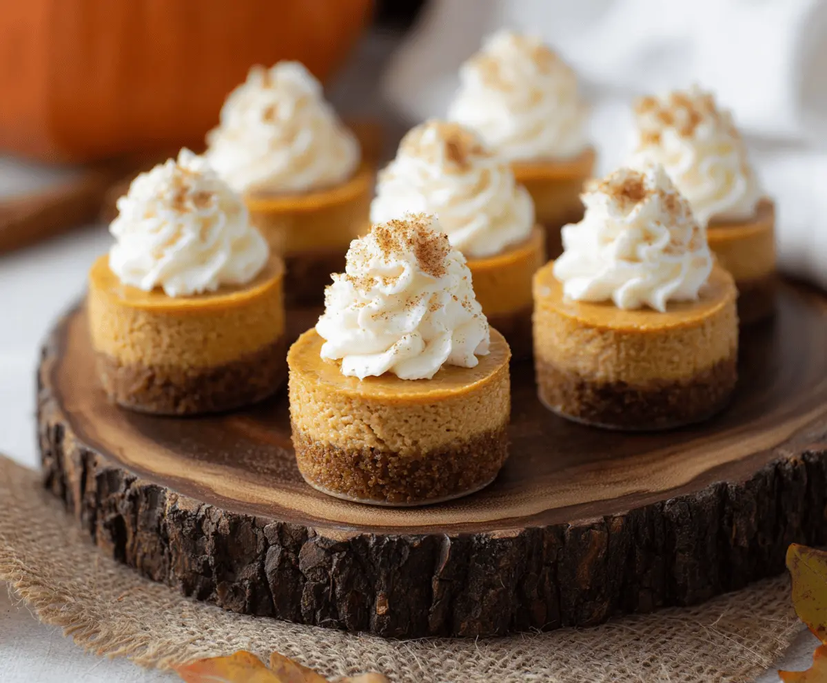 Delicious Pumpkin Mini Cheesecakes topped with whipped cream and cinnamon, perfect for fall desserts.
