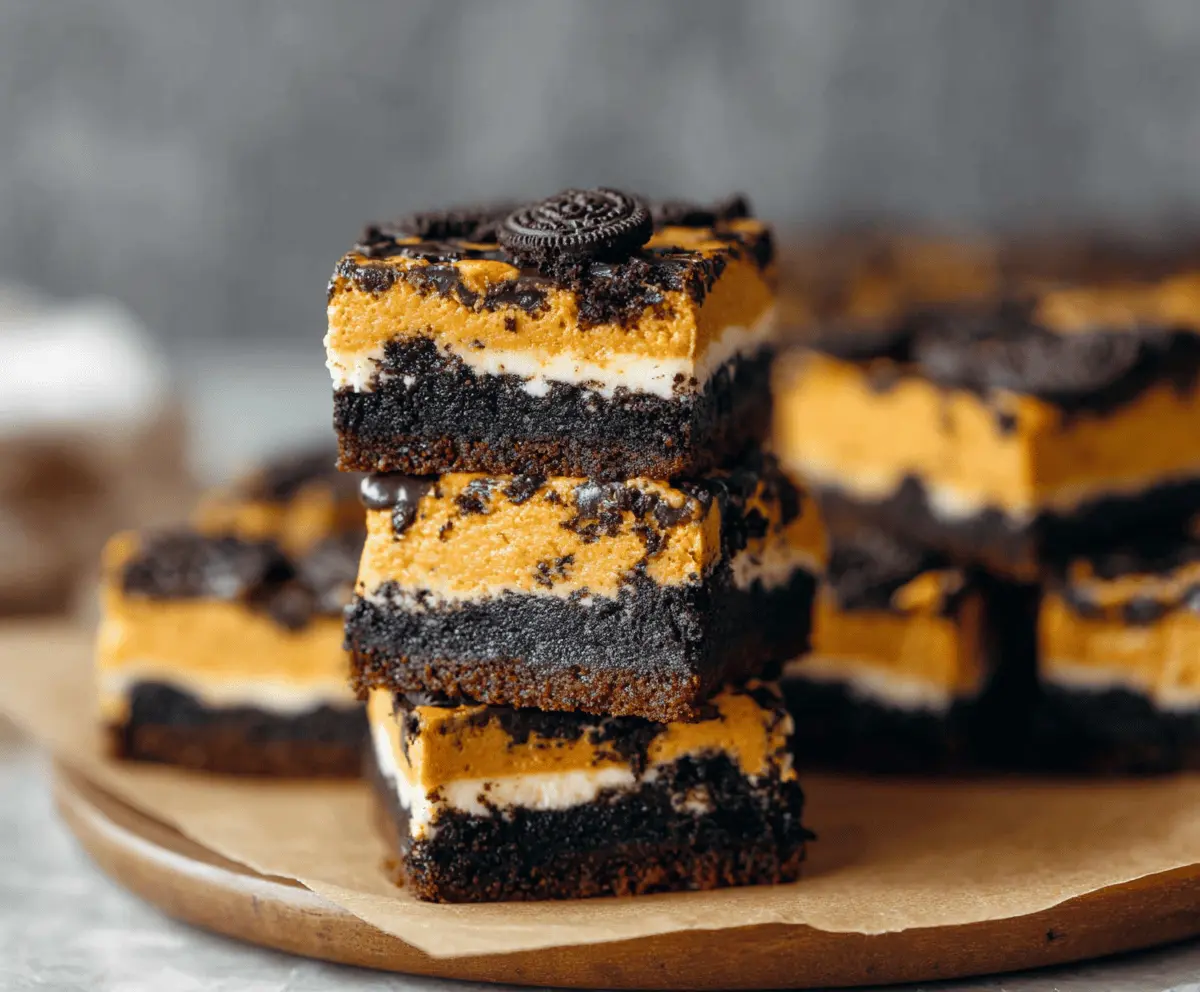 Creamy Pumpkin Oreo Cheesecake Bars with Oreo cookie crust and pumpkin spice topping on a decorative plate