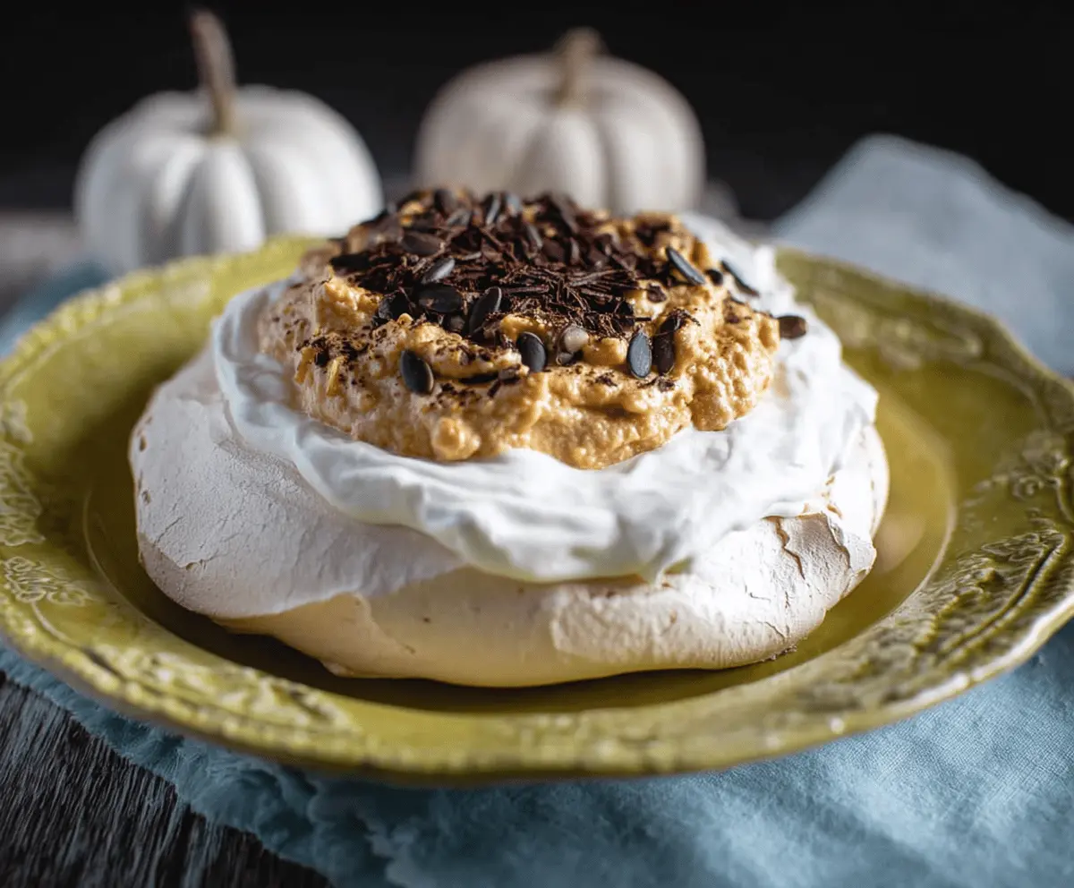 Delicious pumpkin Pavlova topped with whipped cream and seasonal pumpkin decorations on a white plate, perfect for fall desserts.