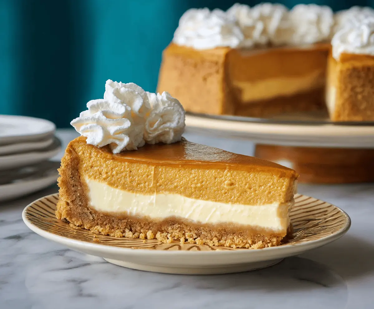 Creamy pumpkin pie cheesecake topped with whipped cream and cinnamon, served on a decorative plate for a festive dessert.