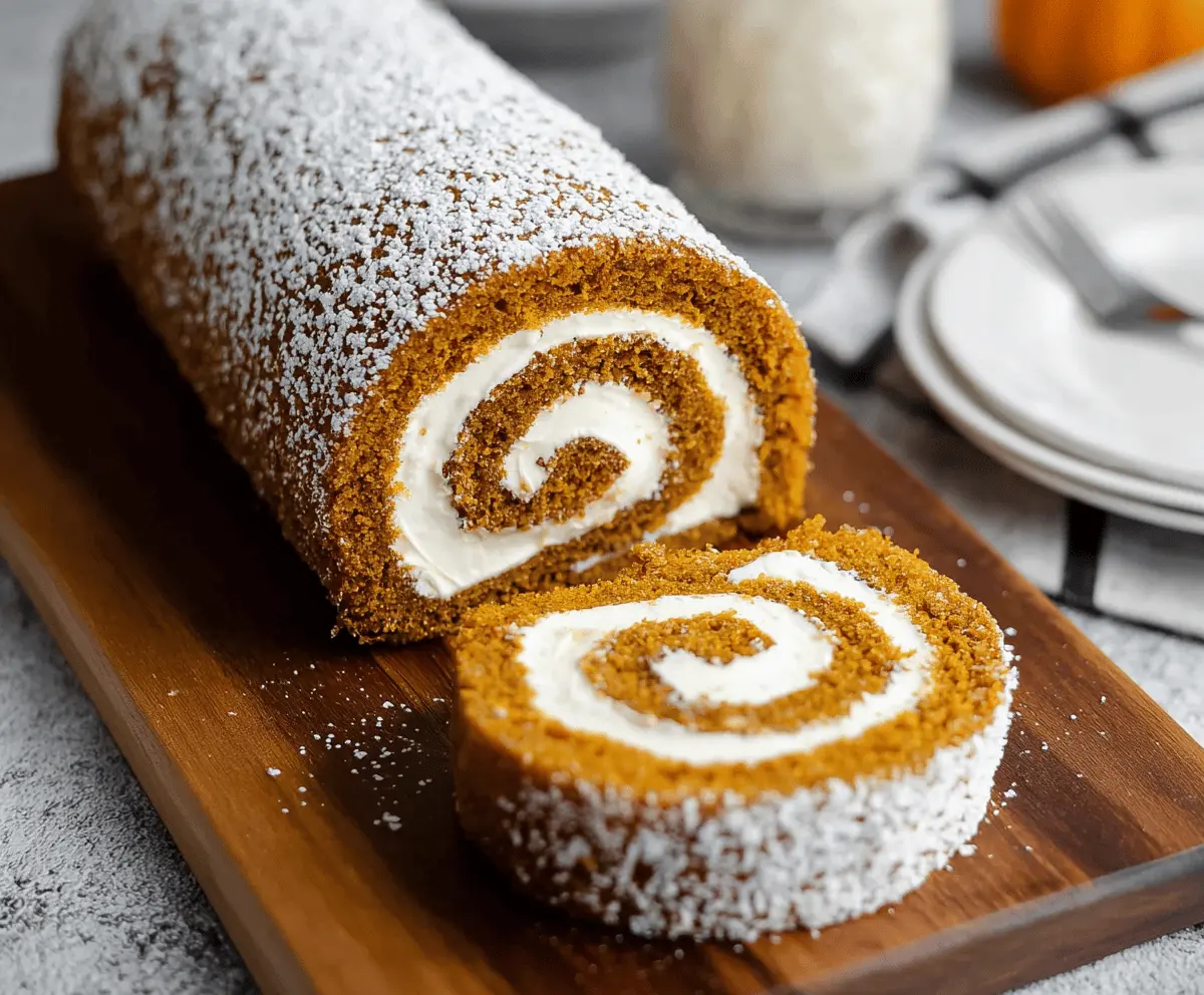 Delicious homemade pumpkin roll cake with cream cheese filling, topped with powdered sugar, perfect for fall desserts and holidays