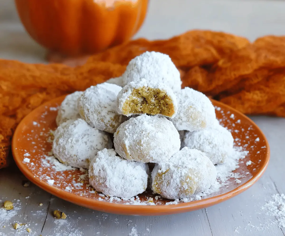 Delicious homemade pumpkin snowball cookies dusted with powdered sugar on a rustic plate, perfect for fall desserts