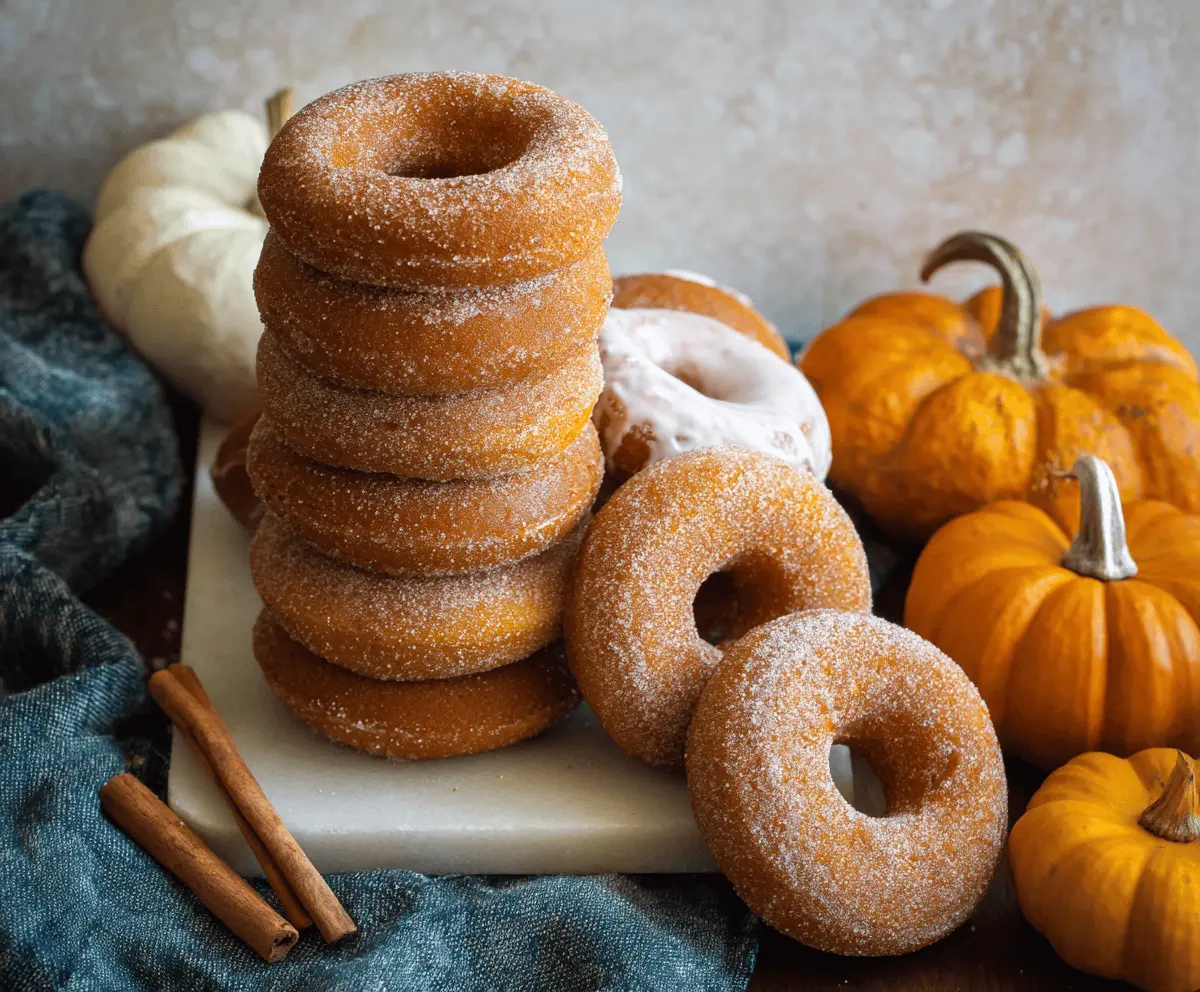 Delicious homemade pumpkin spice donuts topped with cinnamon and glaze, perfect for fall dessert or breakfast