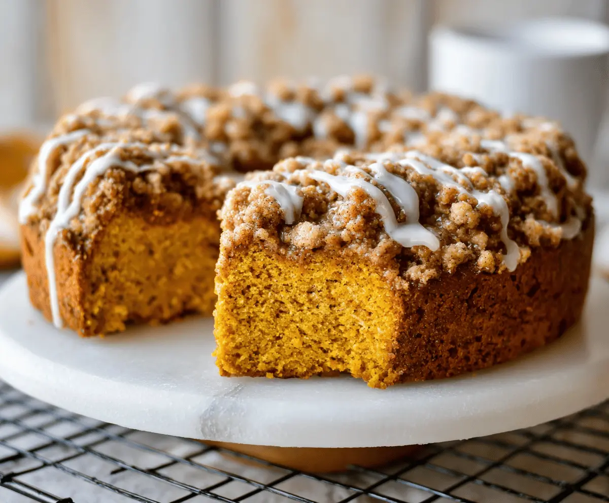 Delicious pumpkin streusel coffee cake topped with crumbly streusel and a cinnamon glaze, perfect for fall breakfast or snack.